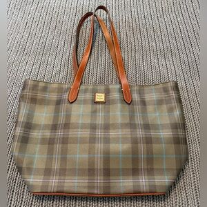 Dooney & Bourke Brown Plaid Tote with Tan Straps
